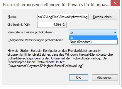 Windows-Firewall: Protokollierung aktivieren Per Default schreibt Windows die Aktivitäten seiner Firewall nicht mit. Diese Funktion müssen Sie erst explizit aktivieren. (c) Thomas Rieske