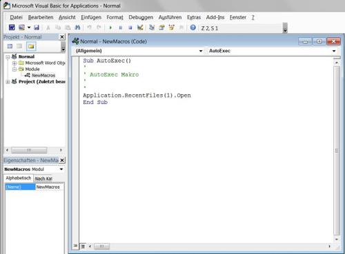Automatik: Mit diesen drei VBA-Zeilen lädt Word bei jedem Aufruf das zuletzt geöffnete Dokument. Die Kommentare, zu erkennen am vorangestellten Apostroph, hat Word beim Erstellen des Makros selbsttätig eingefügt. (c) computerwoche.de