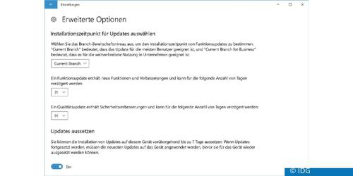 Unter Windows 10 Pro lässt sich die Updatefunktion dahingehend konfigurieren, dass Aktualisierungen mit deutlicher Verzögerung eingespielt werden. (c) IDG