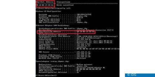 Mit dem Befehl ipconfig /all ermitteln Sie ebenfalls die physikalische Adresse, also die Mac Adresse. Über der Ausgabe von ipconfig /all sehen Sie nochmal das Ergebnis von getmac. (c) IDG