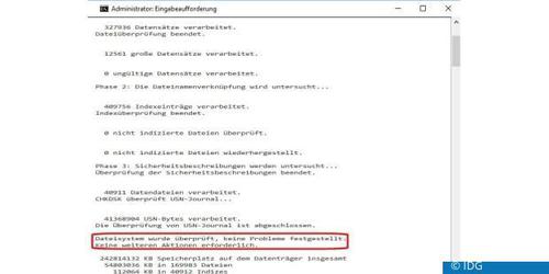 Das Programm Chkdsk prüft Festplatten nicht nur auf mögliche Fehler, sondern kann diese auch automatisch reparieren. (c) IDG