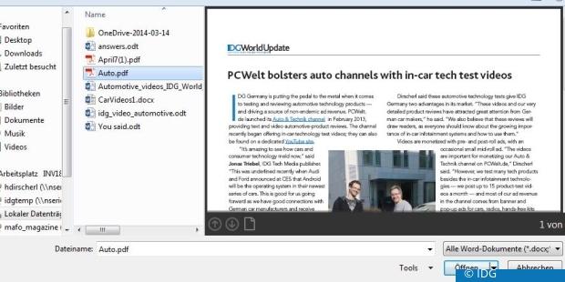 Die Funktion PDF Reflow von Winword-Versionen seit 2013 ermöglicht es, PDF Dateien mit Word zu öffnen und zu bearbeiten. Dabei wird der Inhalt des PDFs von Word geparst und interpretiert (c) IDG