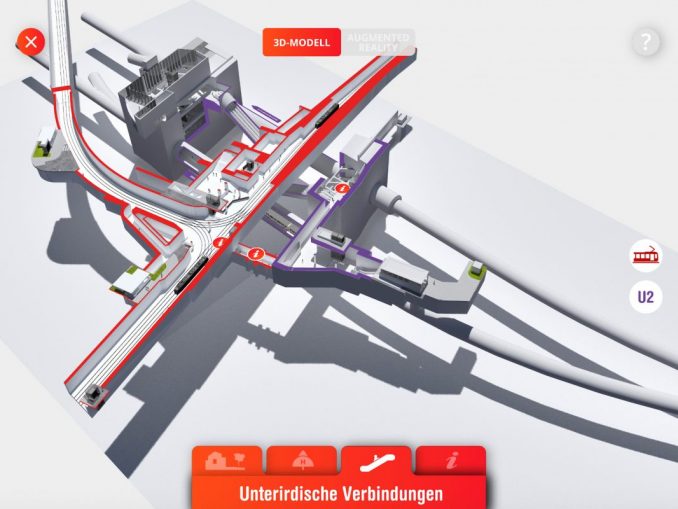 U2xU5-App: Screenshot der unterirdischen Verbindungen der Station Matzleinsdorfer Platz.