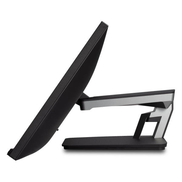 Mithilfe des Doppelgelenkständers kann der Multitouch-Monitor geneigt werden oder gar flach auf dem Schreibtisch liegen.