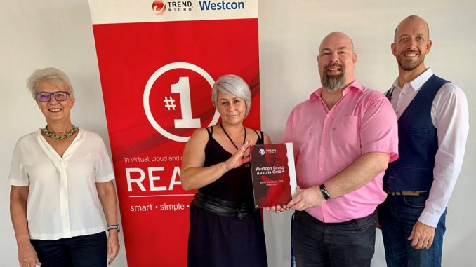 Bester Distributor 2019: v.l.n.r. Christine Baier, Partner Business Manager Austria bei Trend Micro, Daniela Knaup, Inside Sales bei Westcon Group Austria GmbH, Heinz Neubauer, Business Development Manager Trend Micro und Walter Ludwig, Managing Director, Alpine bei Westcon Group Austria GmbH