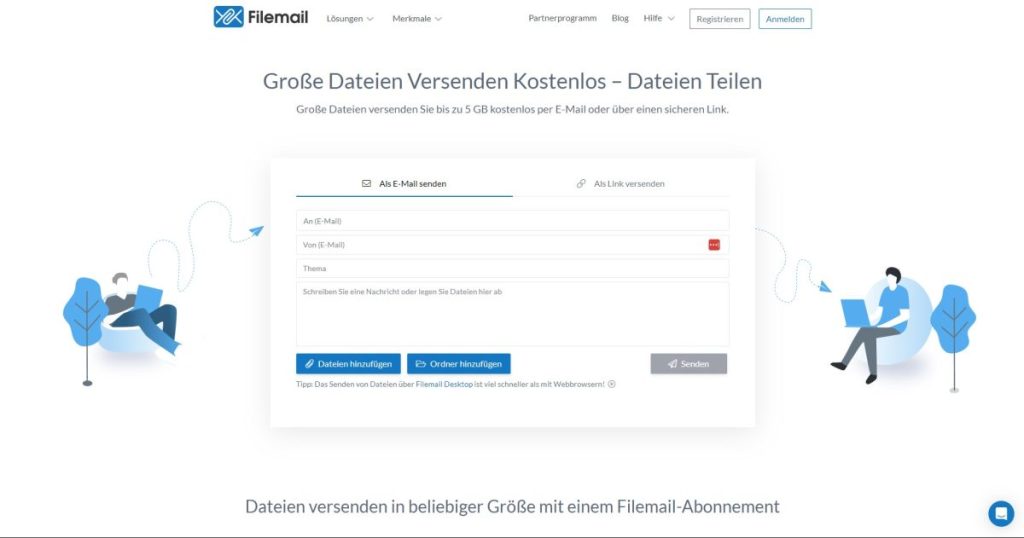 Screenshot der File Sharing Seite filemail